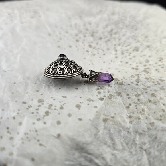 Vintage Sterling Silver 925 Round Pendant Amethyst Gemstone & Dangling Charm - Picture 3 of 9